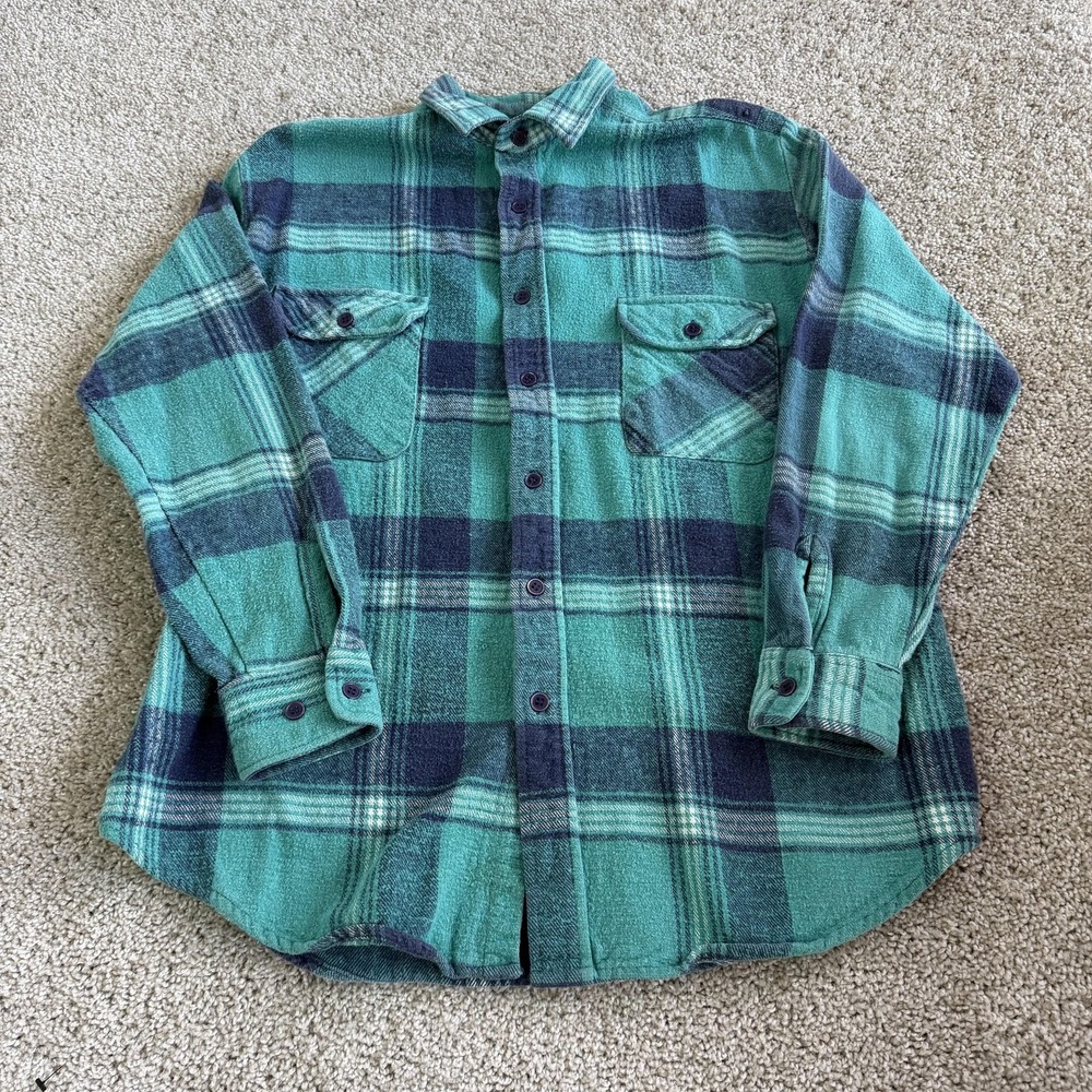 Vintage Timber Trail Shirt Mens Medium Green Plaid Flannel Long Sleeve Button Up